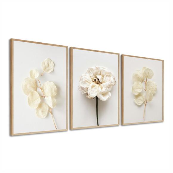Kit 3 Quadros Decorativos Folhagem Flores Moldura E Vidro