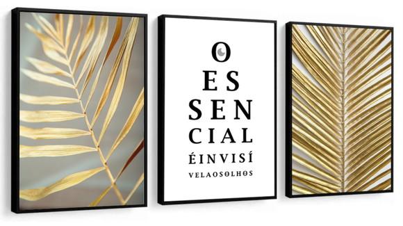 Kit 3 Quadros Decorativos Folhagem Frase Quarto Sala Moldura