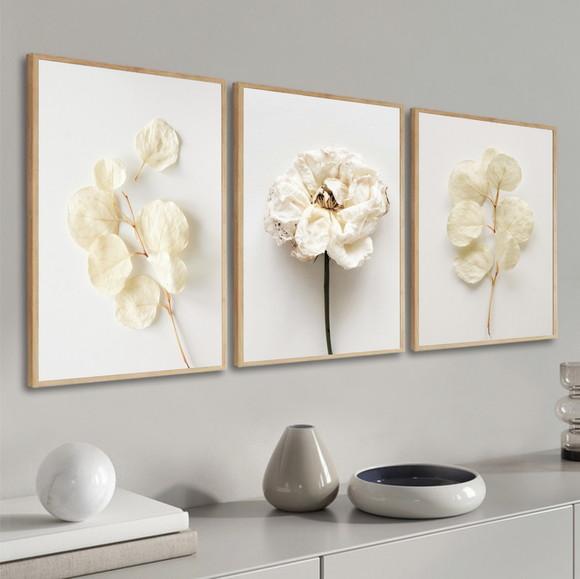 Kit 3 Quadros Decorativos Folhagem Flores Moldura E Vidro