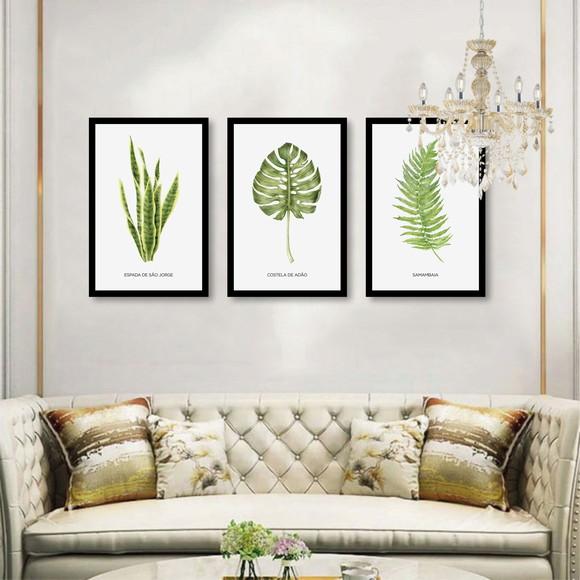 Kit 3 Quadros Decorativos Folhagem Frases Moderno Moldura
