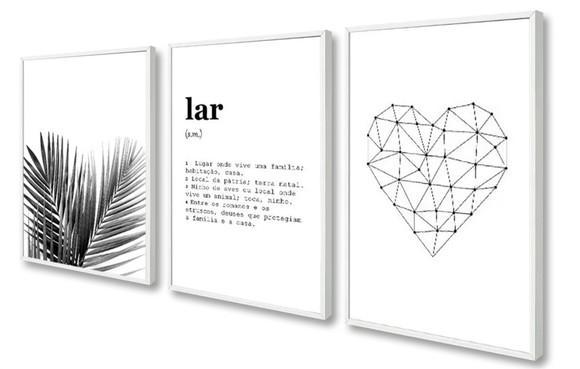 Kit 3 Quadros Decorativos Folhagem Frases Para Sala Molduras