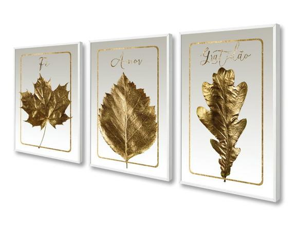 Kit 3 Quadros Decorativos Folhagem Gold Frases Com Moldura