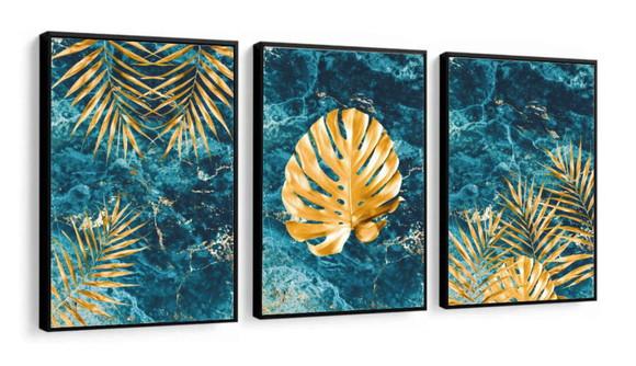 Kit 3 Quadros Decorativos Folhagem Gold Mármore Com Moldura