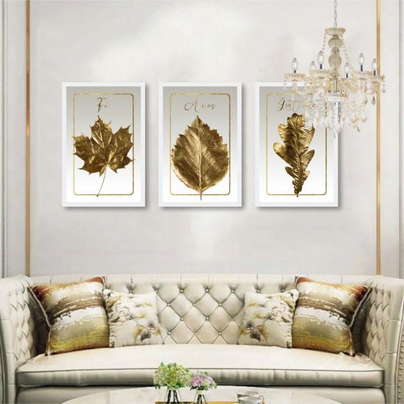Kit 3 Quadros Decorativos Folhagem Gold Frases Com Moldura