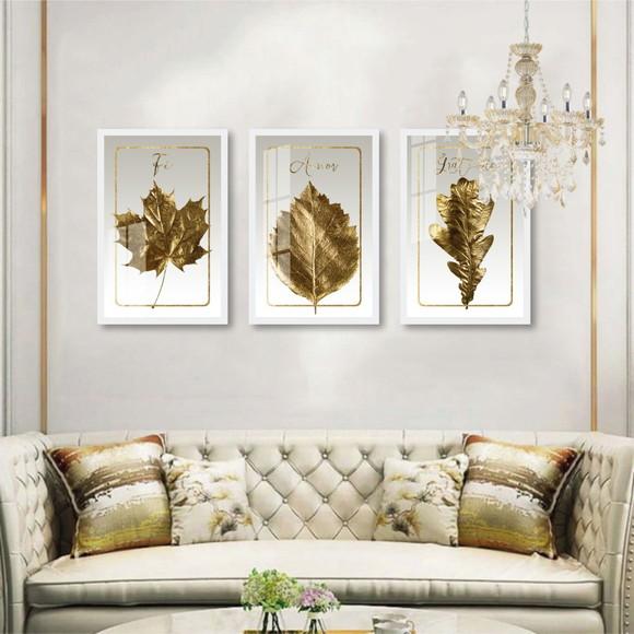 Kit 3 Quadros Decorativos Folhagem Gold Frases Moldura Vidro