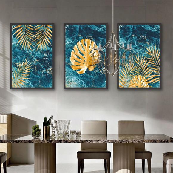 Kit 3 Quadros Decorativos Folhagem Gold Mármore Com Moldura