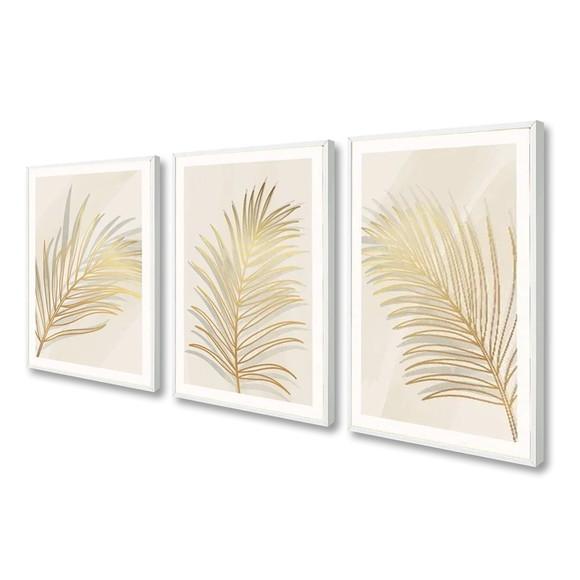 Kit 3 Quadros Decorativos Folhagem Gold Moderno Com Moldura