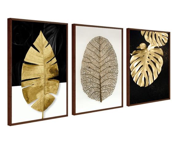 Kit 3 Quadros Decorativos Folhagem Gold Moderno Com Moldura