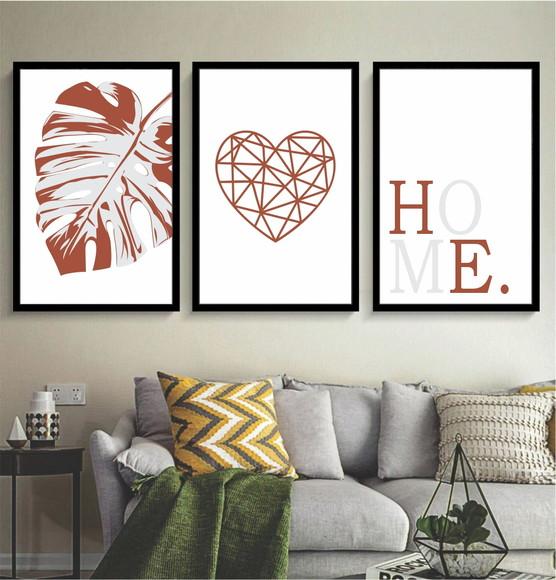 Kit 3 Quadros Decorativos Folhagem Home Terracota Moldura