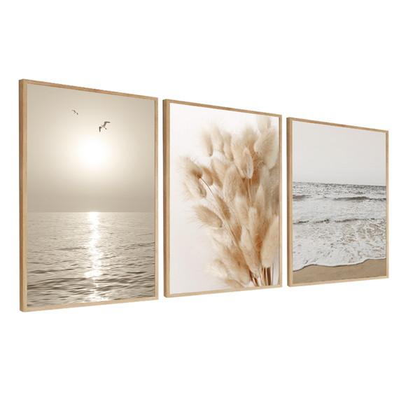 Kit 3 Quadros Decorativos Folhagem Mar Paisagem Com Moldura
