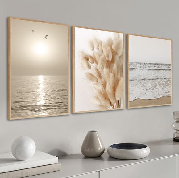Kit 3 Quadros Decorativos Folhagem Mar Paisagem Com Moldura