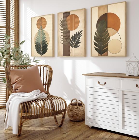 Kit 3 Quadros Decorativos Folhagem Marrom Boho Moderno Vidro