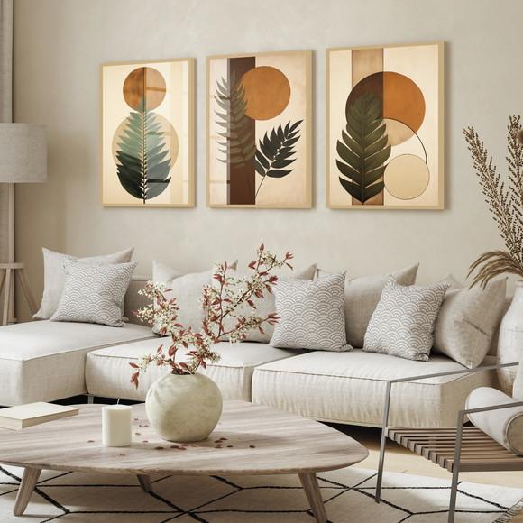 Kit 3 Quadros Decorativos Folhagem Marrom Boho Moderno Vidro