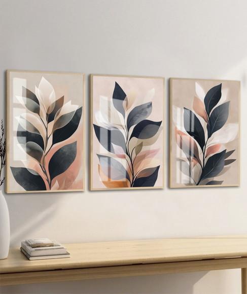 Kit 3 Quadros Decorativos Folhagem Moderna Moldura e Vidro