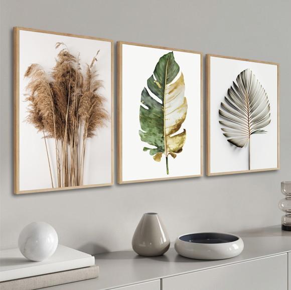 Kit 3 Quadros Decorativos Folhagem Moderna para Sala Moldura