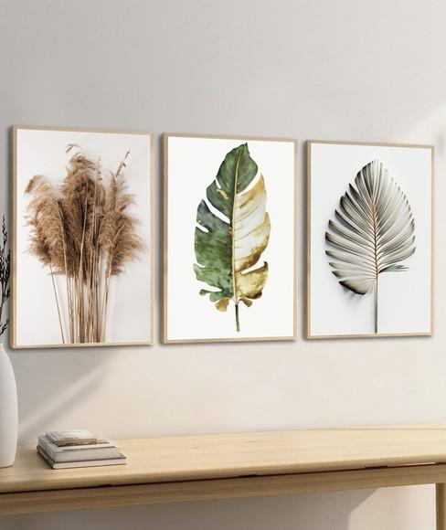 Kit 3 Quadros Decorativos Folhagem Moderna para Sala Moldura