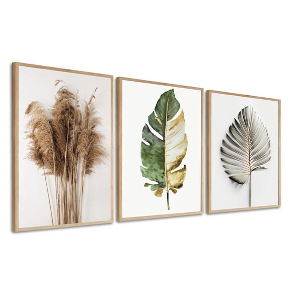 Kit 3 Quadros Decorativos Folhagem Moderna para Sala Moldura