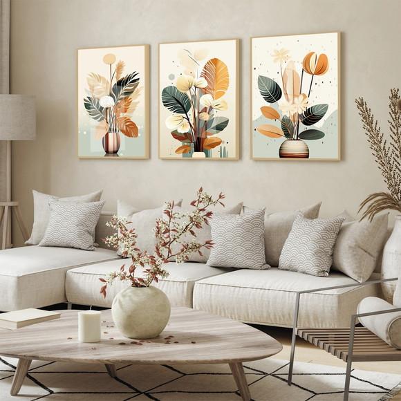 Kit 3 Quadros Decorativos Folhagem Moderna Sala com Vidro