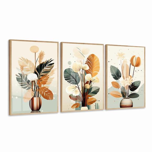 Kit 3 Quadros Decorativos Folhagem Moderna Sala com Vidro