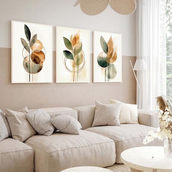 Kit 3 Quadros Decorativos Folhagem Moderna Sala Hall Moldura