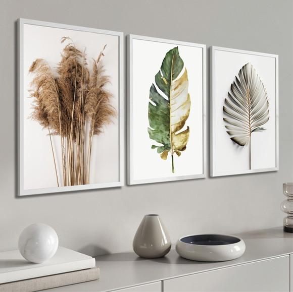Kit 3 Quadros Decorativos Folhagem Moderna Sala Hall Moldura
