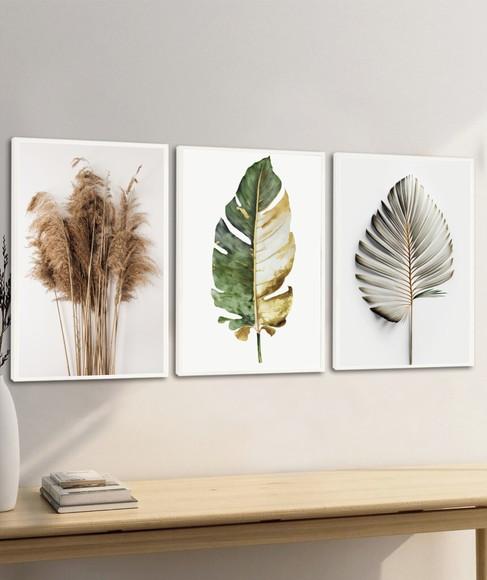 Kit 3 Quadros Decorativos Folhagem Moderna Sala Hall Moldura