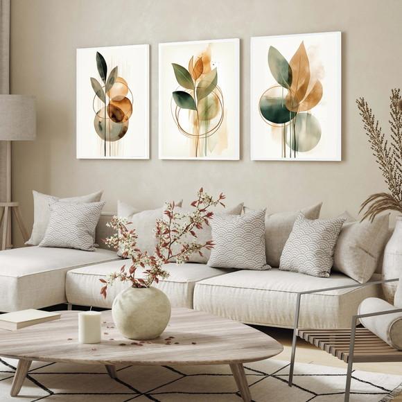 Kit 3 Quadros Decorativos Folhagem Moderna Sala Hall Moldura