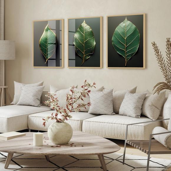 Kit 3 Quadros Decorativos Folhagem Moderno Moldura 50x70