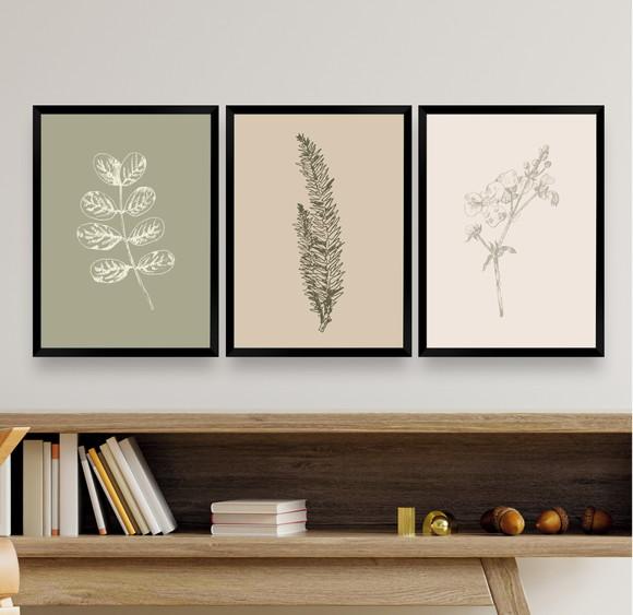 Kit 3 Quadros Decorativos Folhagem Para Quarto Sala Moldura