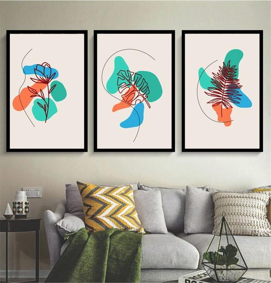 Kit 3 Quadros Decorativos Folhagem Para Sala Moderno Moldura