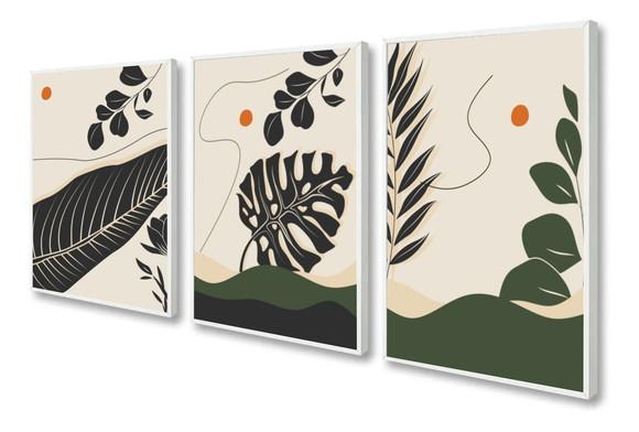 Kit 3 Quadros Decorativos Folhagem Para Sala Moderno Moldura