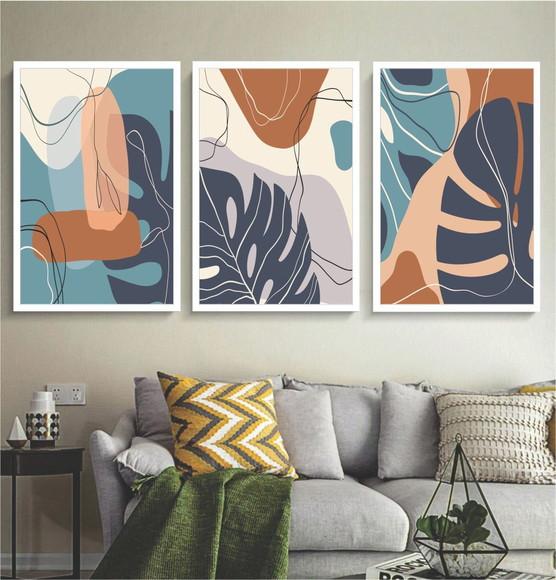 Kit 3 Quadros Decorativos Folhagem Para Sala Moderno Moldura