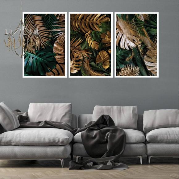 Kit 3 Quadros Decorativos Folhagem Para Sala Moderno Moldura