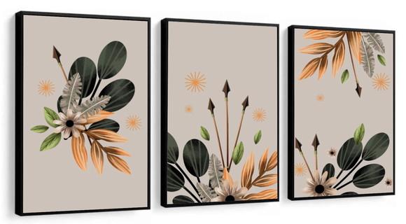 Kit 3 Quadros Decorativos Folhagem Para Sala Quarto Moldura