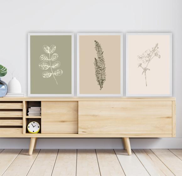 Kit 3 Quadros Decorativos Folhagem Para Sala Quarto Moldura