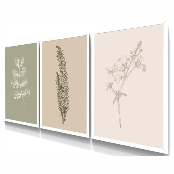 Kit 3 Quadros Decorativos Folhagem Para Sala Quarto Moldura