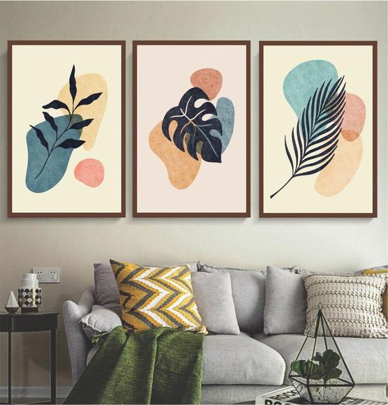 Kit 3 Quadros Decorativos Folhagem Para Sala Quarto Moldura