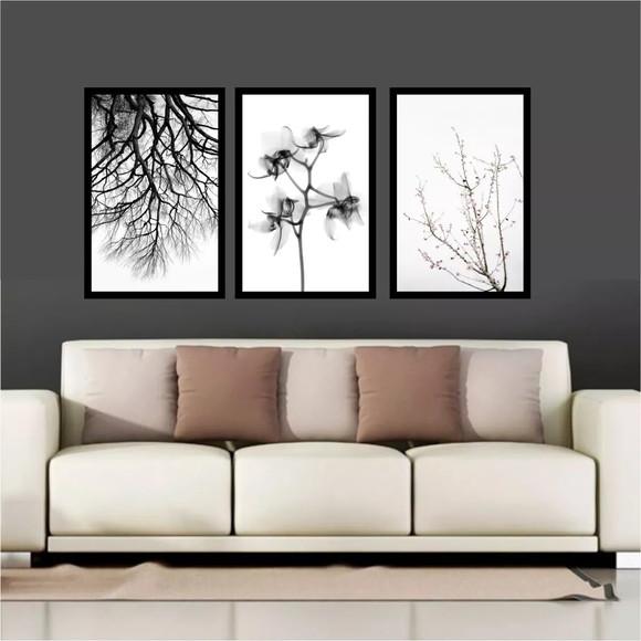 Kit 3 Quadros Decorativos Folhagem Preto E Branco Moldura