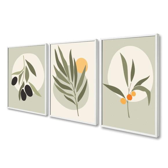 Kit 3 Quadros Decorativos Folhagem Verde Abstrato Moldura