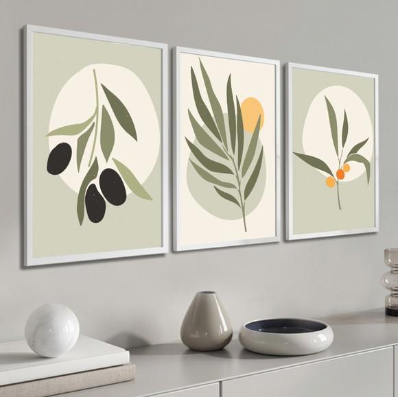 Kit 3 Quadros Decorativos Folhagem Verde Abstrato Moldura