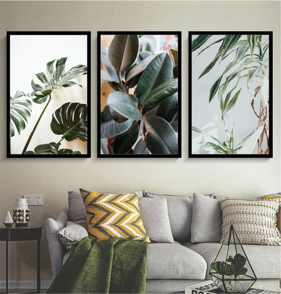 Kit 3 Quadros Decorativos Folhagem Verde Conjunto Moldura