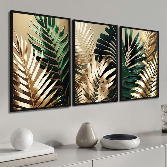 Kit 3 Quadros Decorativos Folhagem Verde Dourada com Moldura