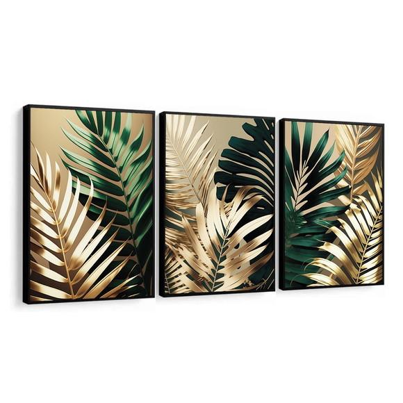 Kit 3 Quadros Decorativos Folhagem Verde Dourada com Moldura