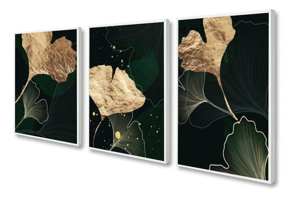 Kit 3 Quadros Decorativos Folhagem Verde Dourada Com Moldura