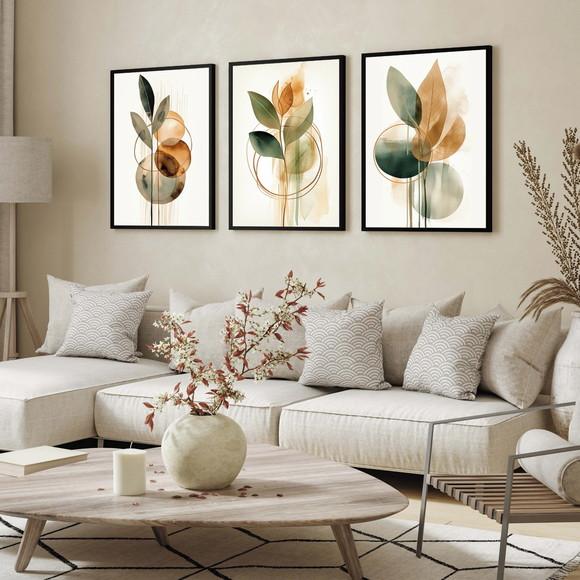 Kit 3 Quadros Decorativos Folhagem Verde Moderna com Moldura