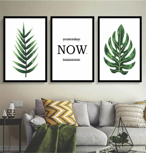Kit 3 Quadros Decorativos Folhagem Verde Frases Sala Moldura
