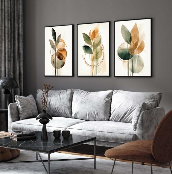 Kit 3 Quadros Decorativos Folhagem Verde Moderna com Moldura