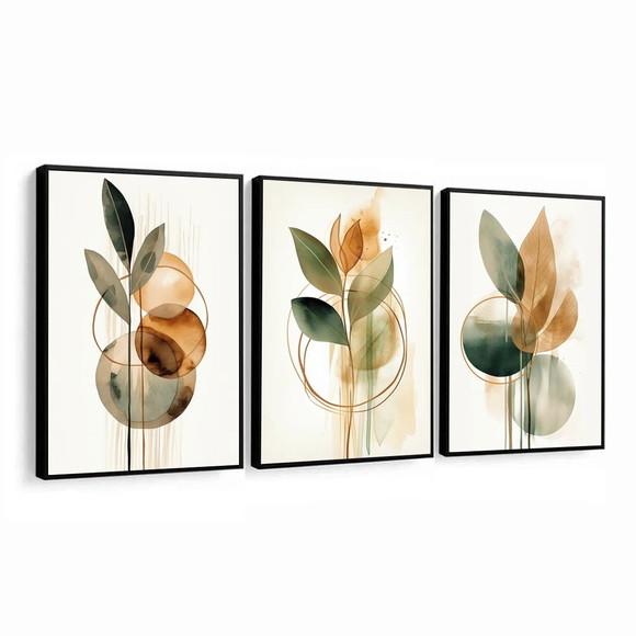 Kit 3 Quadros Decorativos Folhagem Verde Moderna com Moldura