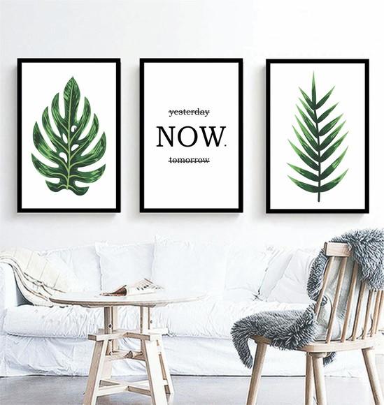 Kit 3 Quadros Decorativos Folhagem Verde Frases Sala Moldura