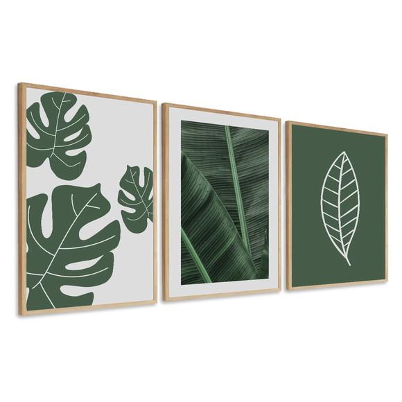 Kit 3 Quadros Decorativos Folhagem Verde Moderno com Moldura